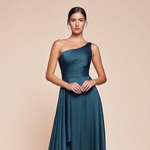 NEW FORMAL A-LINE LONG SOFT SATIN DRESS W/ ONE SHOULDER NECK & LEG SLIT CD 7450